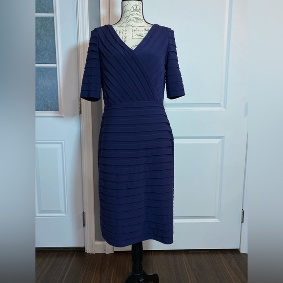 Adrianna‎ Papell Deep Blue Layered Pleated Knee Length Faux Wrap Dress - Picture 4 of 10